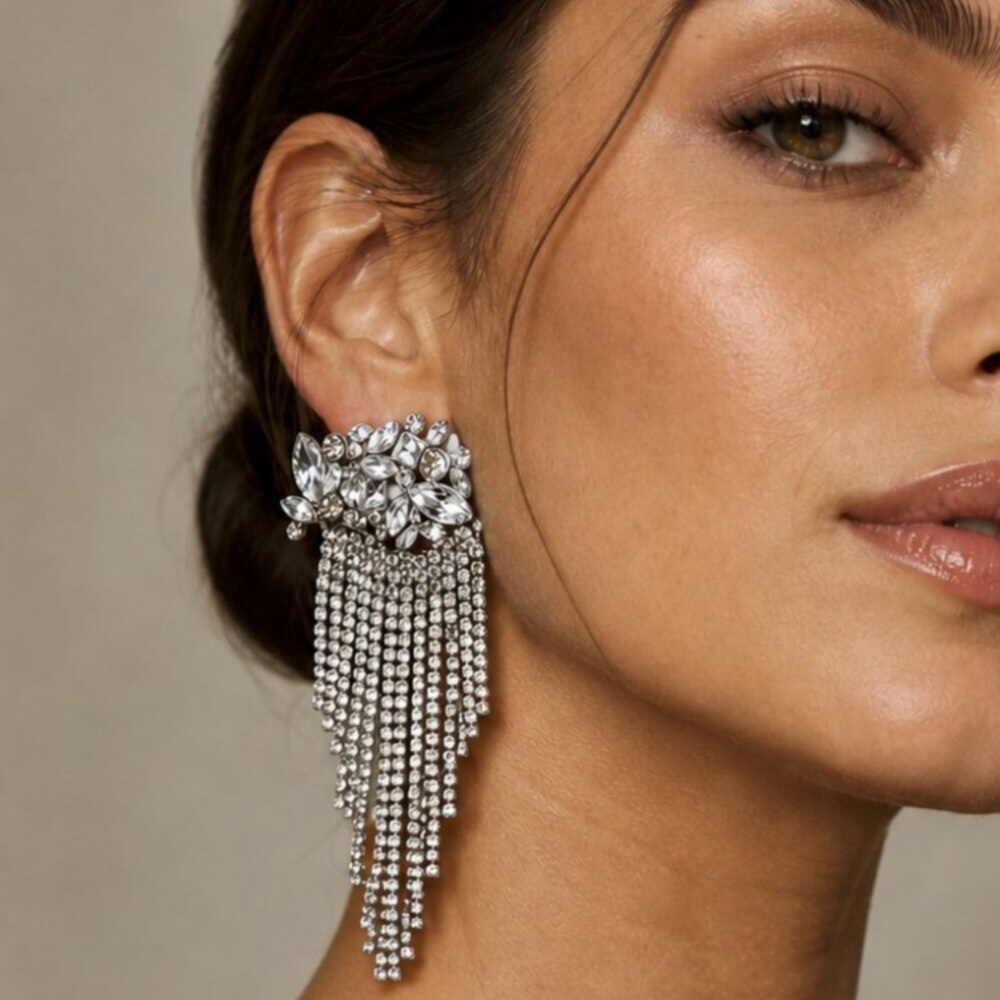 ✨ Silver Rhinestone Fringe Statement Earrings Crystal Chandelier Drop Earrings